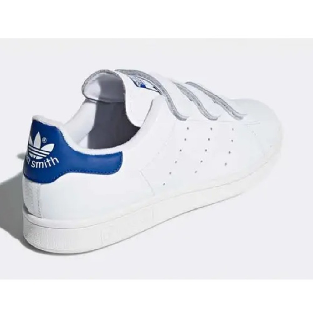 Vintage adidas Stan Smith White Leather Low Top Sneakers Velcro Strap Retro Blue